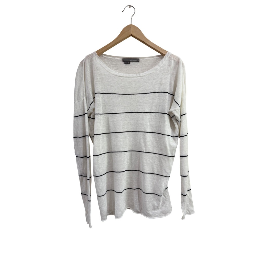 360 Sweater Womens Large White Black Striped 100% Linen Open Back Knit Top